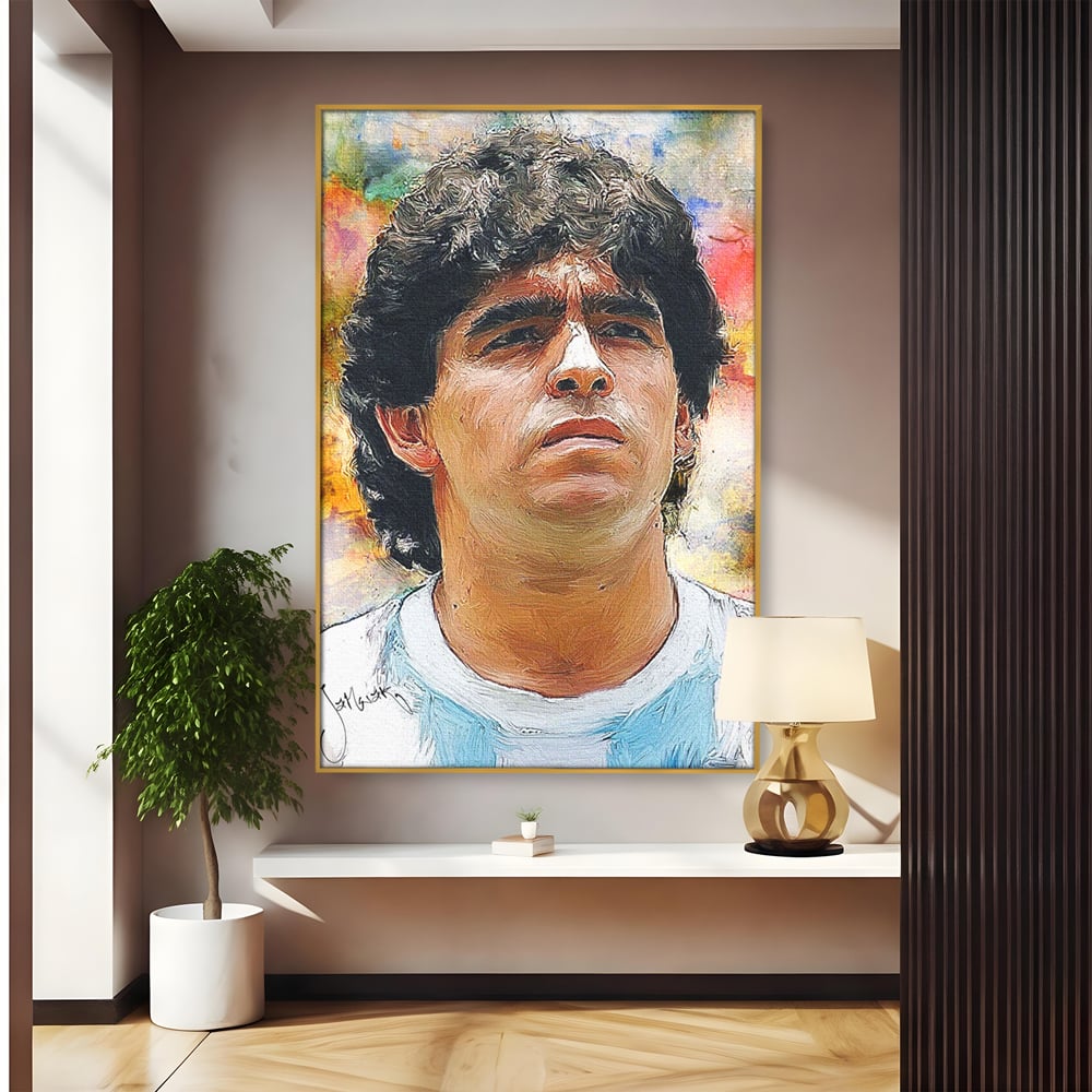 Tablou canvas cu tablou canvas cu diego maradona, in rama de aluminiu auriu